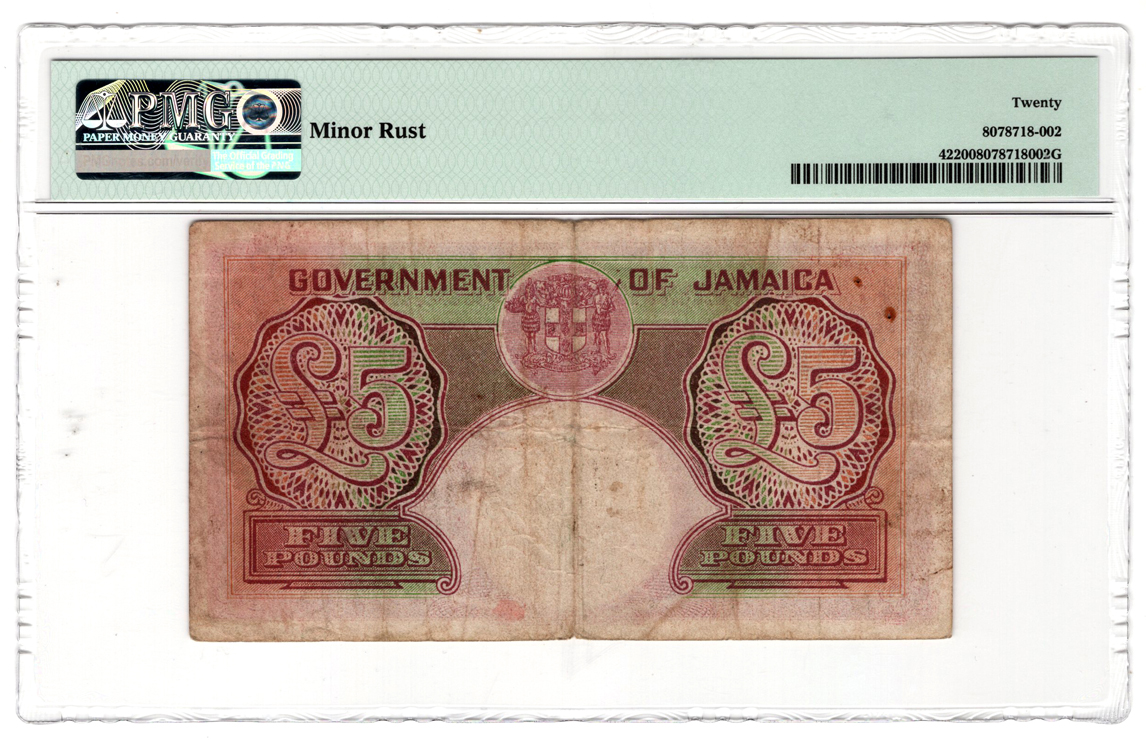 Jamaica - 1942 5 pounds PMG VF-20/minor rust