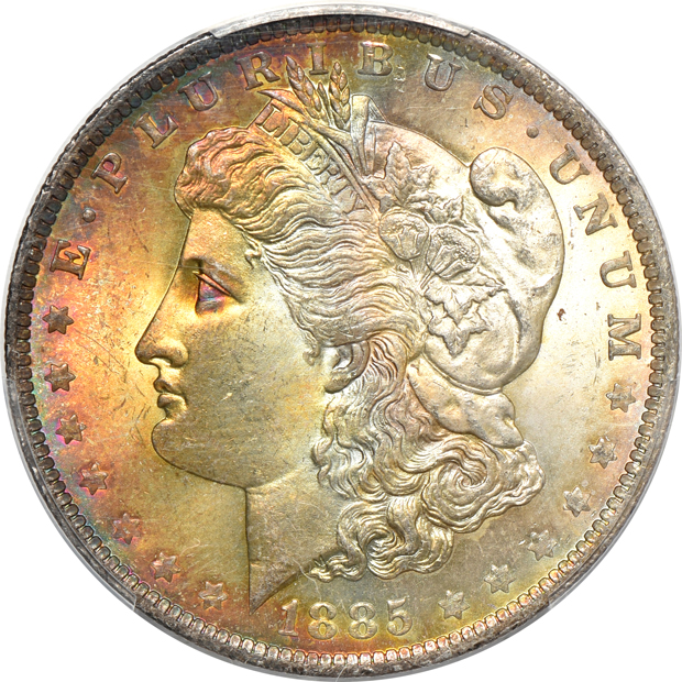 1885-O MS-65, and an 1885-O MS-65+, both PCGS CAC