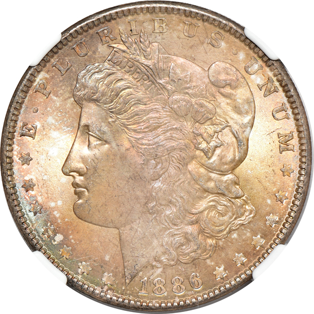 1883-O MS-64, 1886 MS-65, and an 1887 MS-64, all NGC CAC