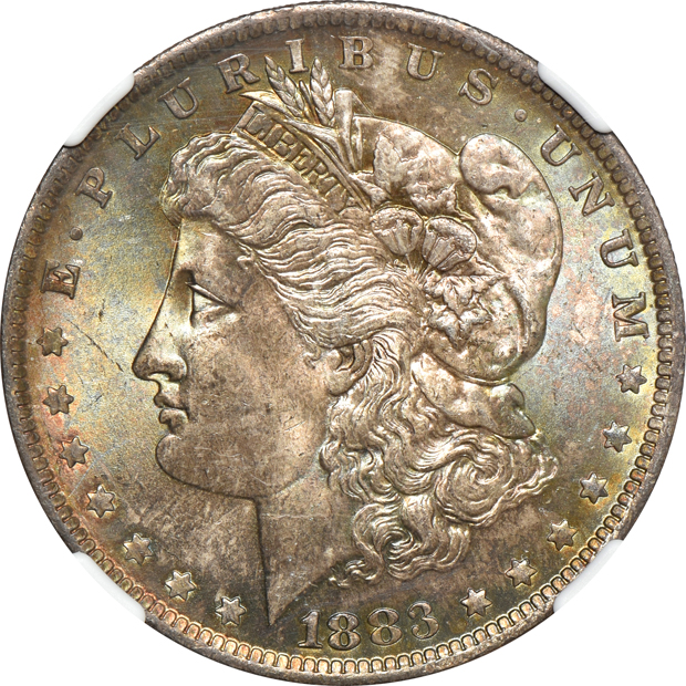 1883-O MS-64, 1886 MS-65, and an 1887 MS-64, all NGC CAC