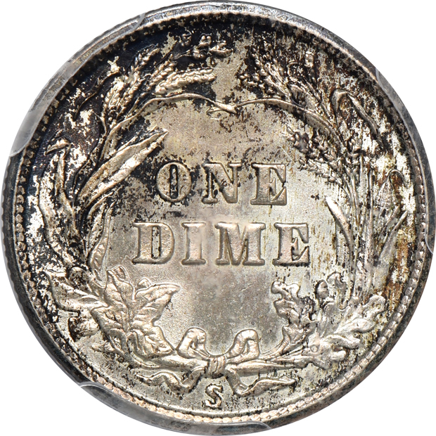 1862 3-cent silver, 1881 3-cent nickel, and a 1916-S Barber dime, all PCGS MS-65
