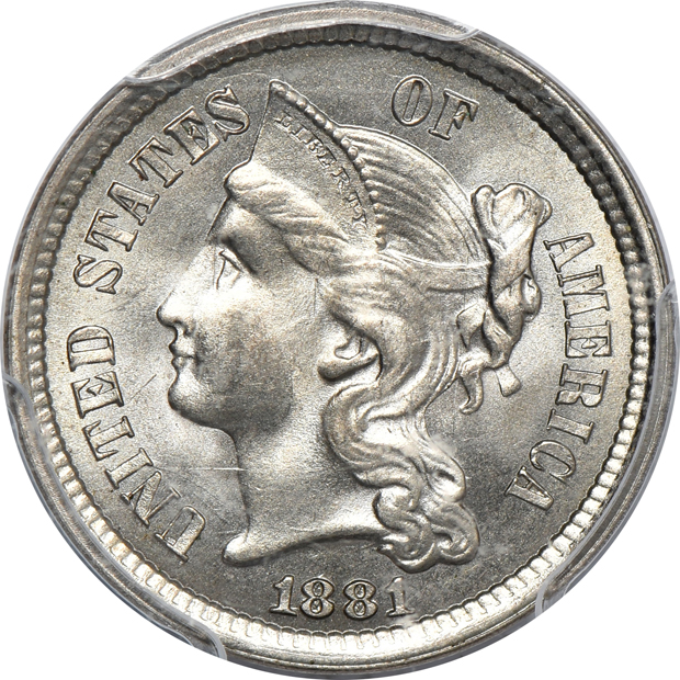 1862 3-cent silver, 1881 3-cent nickel, and a 1916-S Barber dime, all PCGS MS-65
