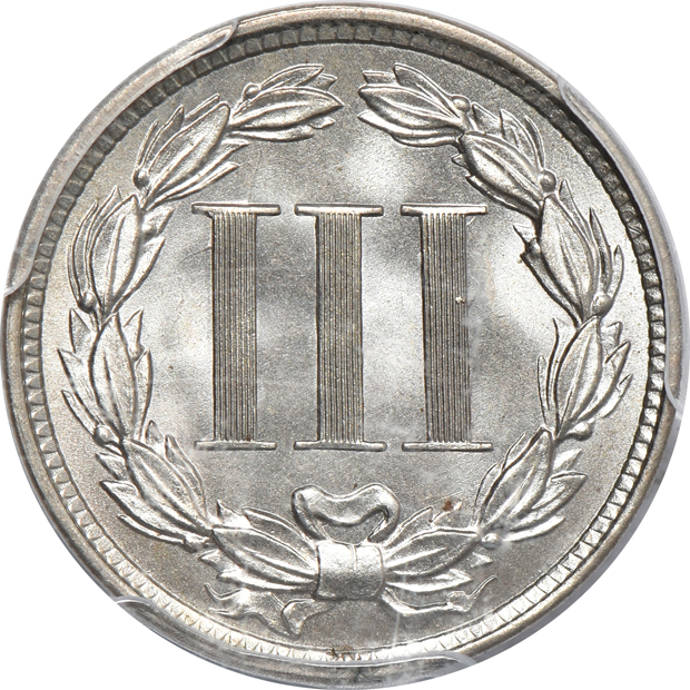 1862 3-cent silver, 1881 3-cent nickel, and a 1916-S Barber dime, all PCGS MS-65