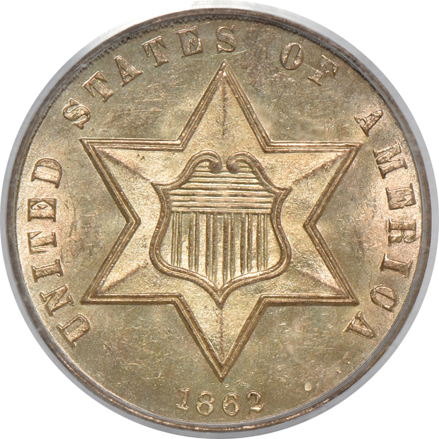 1862 3-cent silver, 1881 3-cent nickel, and a 1916-S Barber dime, all PCGS MS-65
