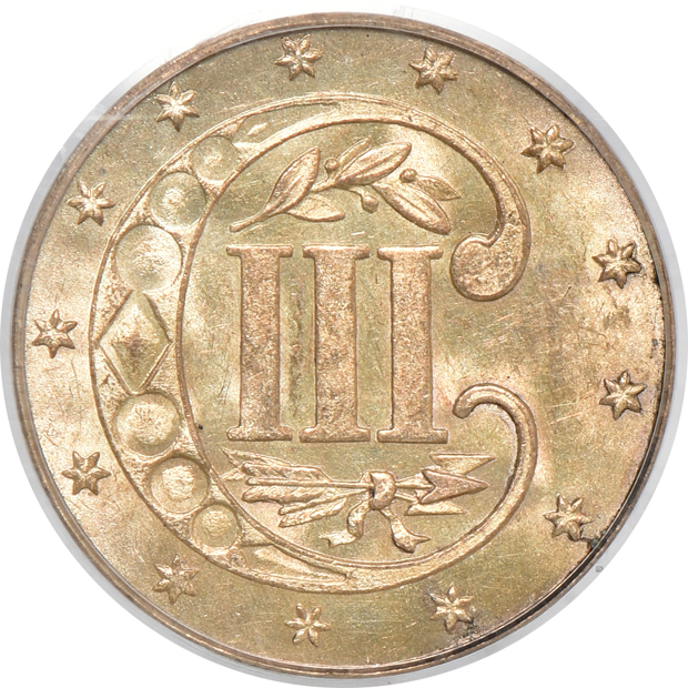 1862 3-cent silver, 1881 3-cent nickel, and a 1916-S Barber dime, all PCGS MS-65