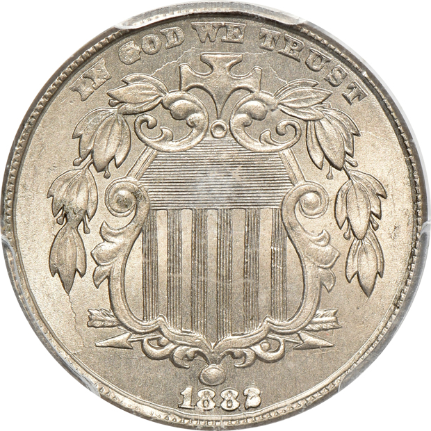 1882 Shield nickel, and a 1912 Liberty nickel, both PCGS MS-65