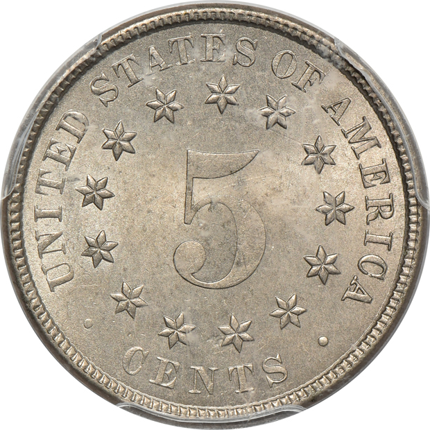 1882 Shield nickel, and a 1912 Liberty nickel, both PCGS MS-65
