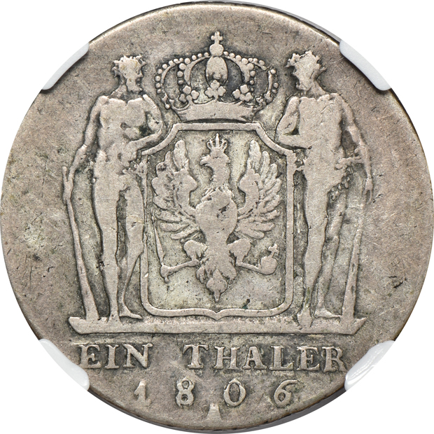 Germany - 1806-A taler NGC F-12, 1888-A 5 mark NGC AU-58, and a 1908-A 5 mark PCGS MS-64
