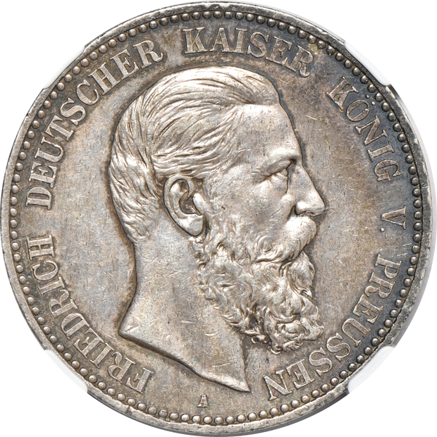 Germany - 1806-A taler NGC F-12, 1888-A 5 mark NGC AU-58, and a 1908-A 5 mark PCGS MS-64