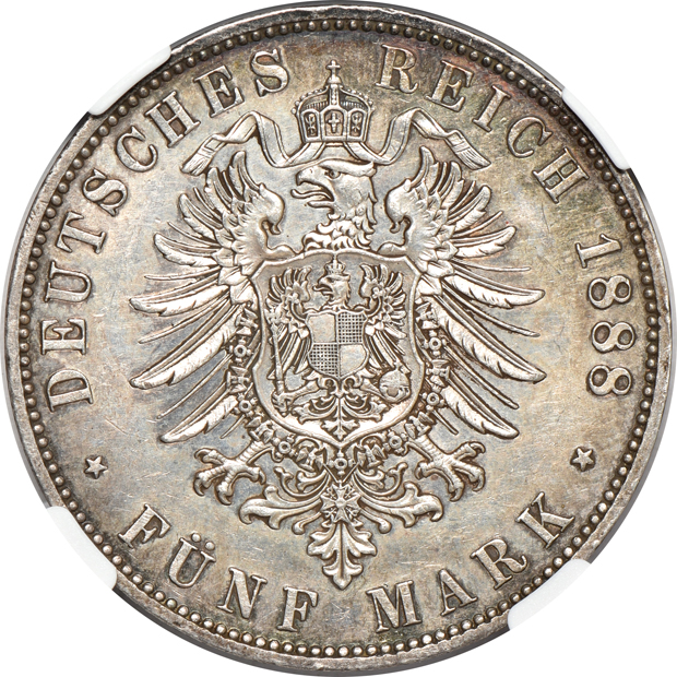 Germany - 1806-A taler NGC F-12, 1888-A 5 mark NGC AU-58, and a 1908-A 5 mark PCGS MS-64
