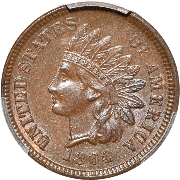 1864 L on Ribbon AU-58, and an 1873 Open 3 MS-64BN, both PCGS CAC