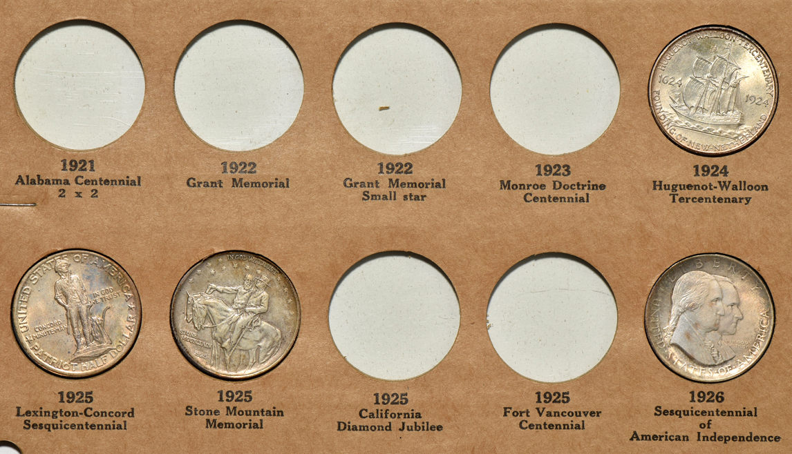 Group of 27 different Commemorative half-dollars in a The National Coin Album No. 2 (Wayte Raymond)