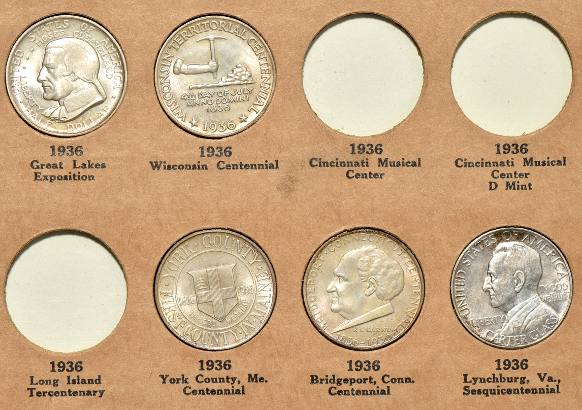 Group of 27 different Commemorative half-dollars in a The National Coin Album No. 2 (Wayte Raymond)
