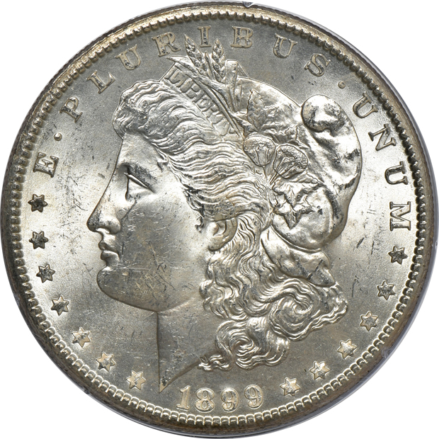 Six Morgan silver dollars, all PCGS MS-64 (rattler) CAC