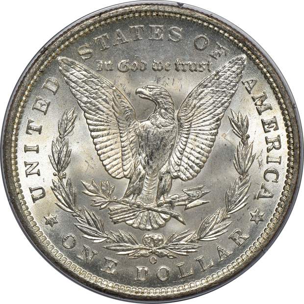 Five Morgan silver dollars, all PCGS MS-64 (rattler) CAC