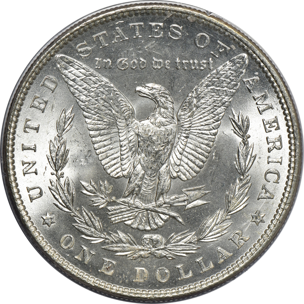 Five Morgan silver dollars, all PCGS MS-64 (rattler) CAC