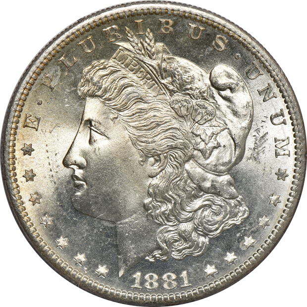 Five Morgan silver dollars, all PCGS MS-64 (rattler) CAC