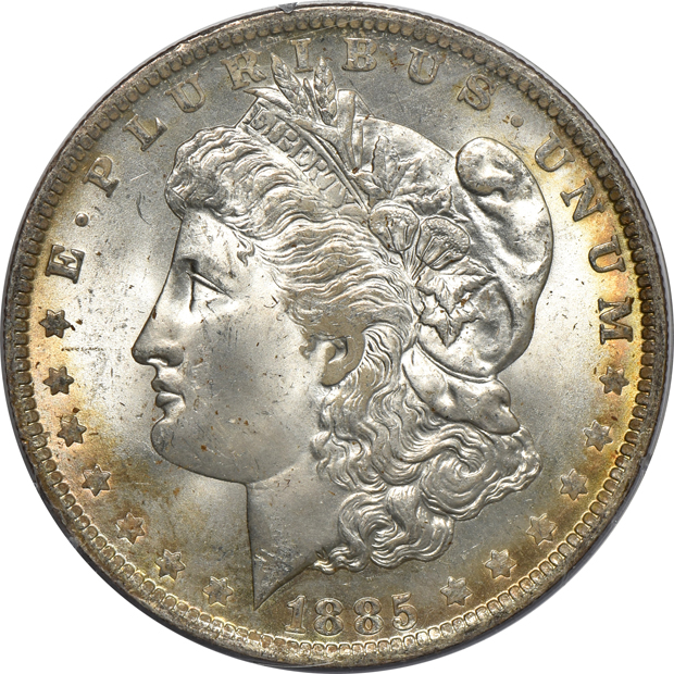 Five Morgan silver dollars, all PCGS MS-64 (rattler) CAC