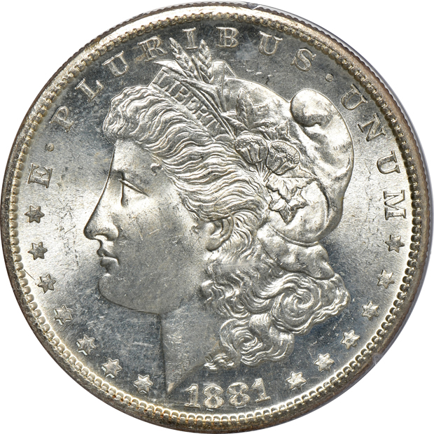 Five Morgan silver dollars, all PCGS MS-64 (rattler) CAC