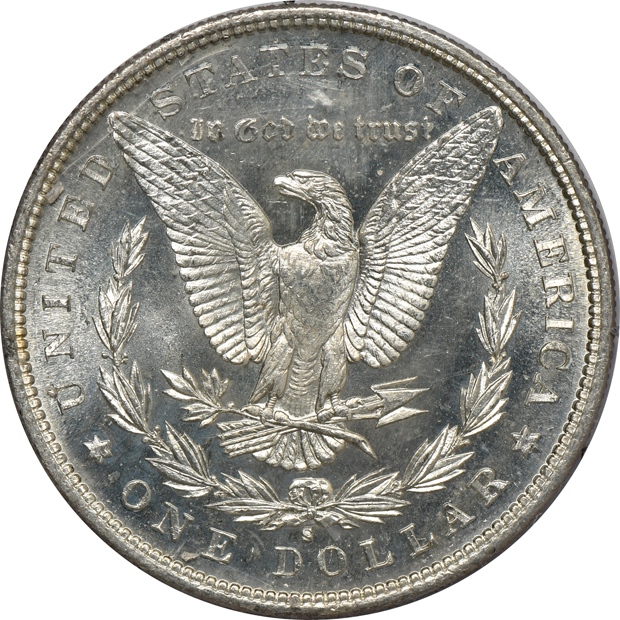 Five Morgan silver dollars, all PCGS MS-64 (rattler) CAC