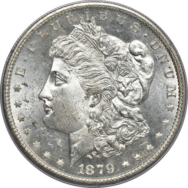 Five Morgan silver dollars, all PCGS MS-64 (rattler) CAC