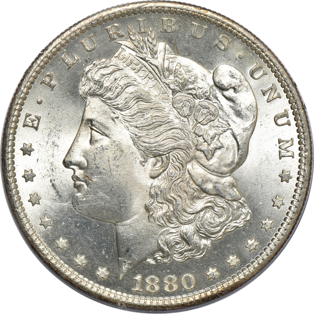 Five Morgan silver dollars, all PCGS MS-64 (rattler) CAC