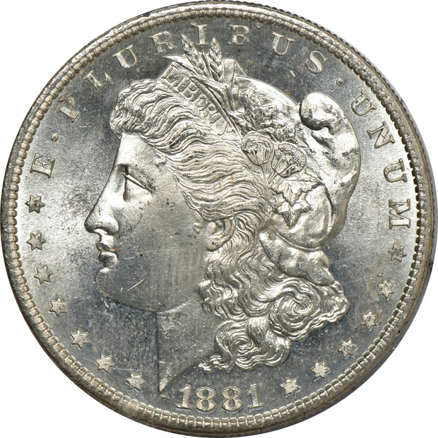 Five Morgan silver dollars, all PCGS MS-64 (rattler) CAC
