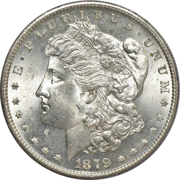 Five Morgan silver dollars, all PCGS MS-64 (rattler) CAC