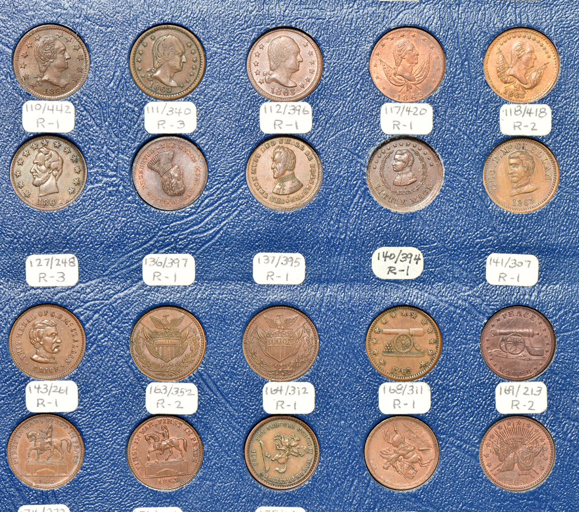 Group of 114 Civil War tokens in a Whitman 9452 album