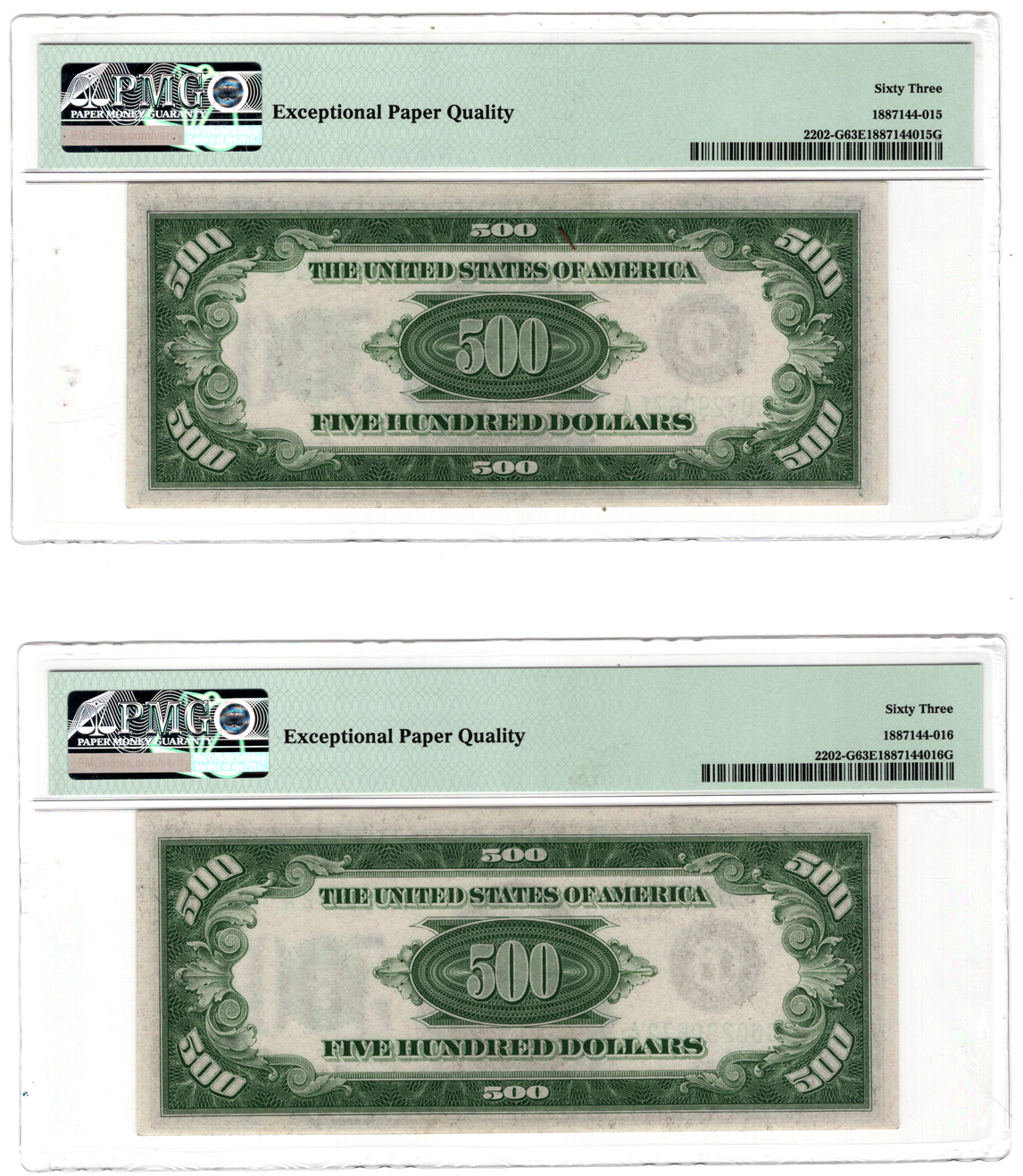 Sequential pair of 1934-A $500 Chicago Fr# 2202-G - PMG ChCU-63 EPQ