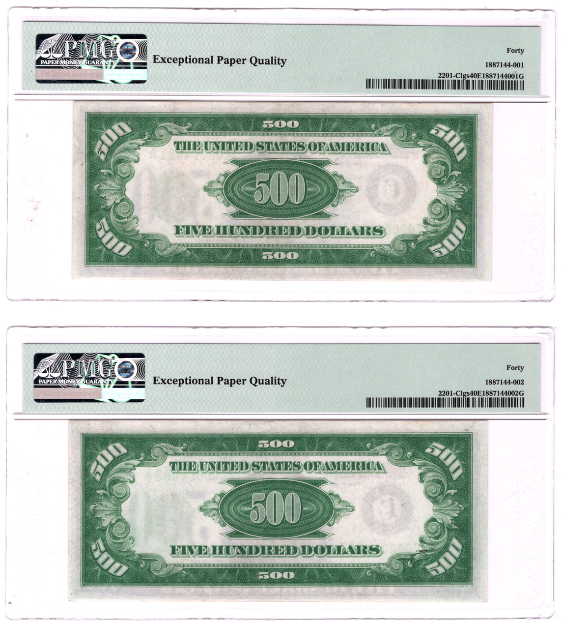Sequential pair of 1934 $500 Philadelphia Fr# 2201-Clgs - PMG XF-40 EPQ