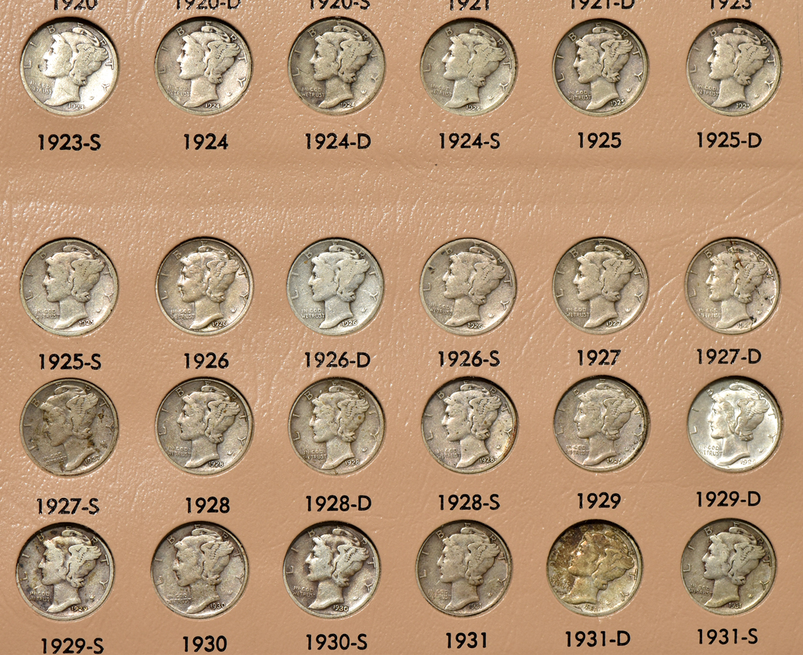 Partial collections of Mercury and Roosevelt dimes in two Dansco albums