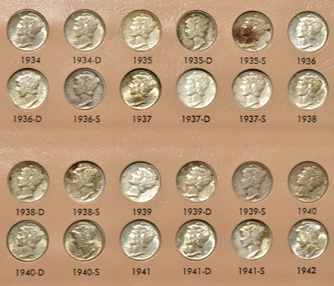 Partial collections of Mercury and Roosevelt dimes in two Dansco albums