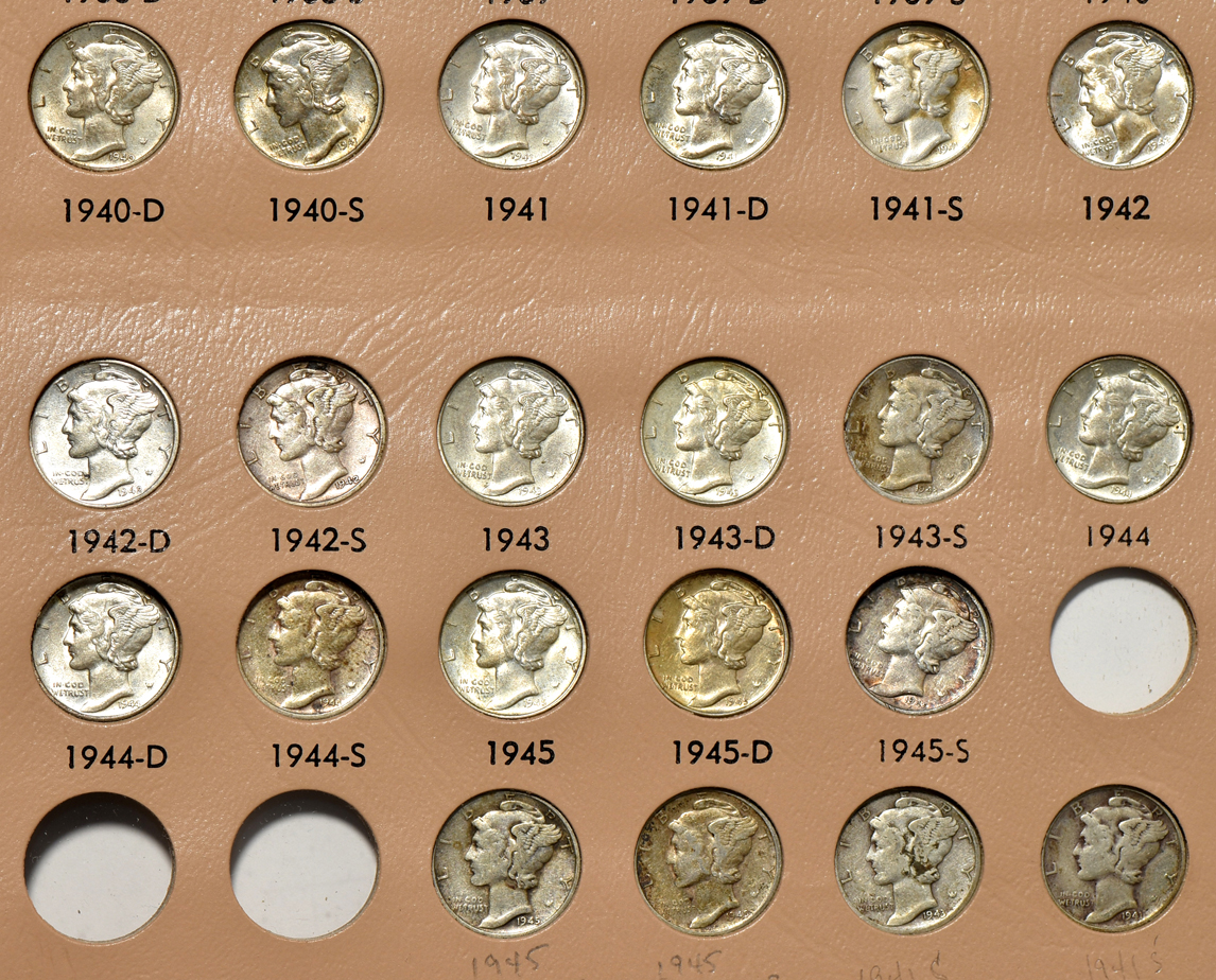 Partial collections of Mercury and Roosevelt dimes in two Dansco albums