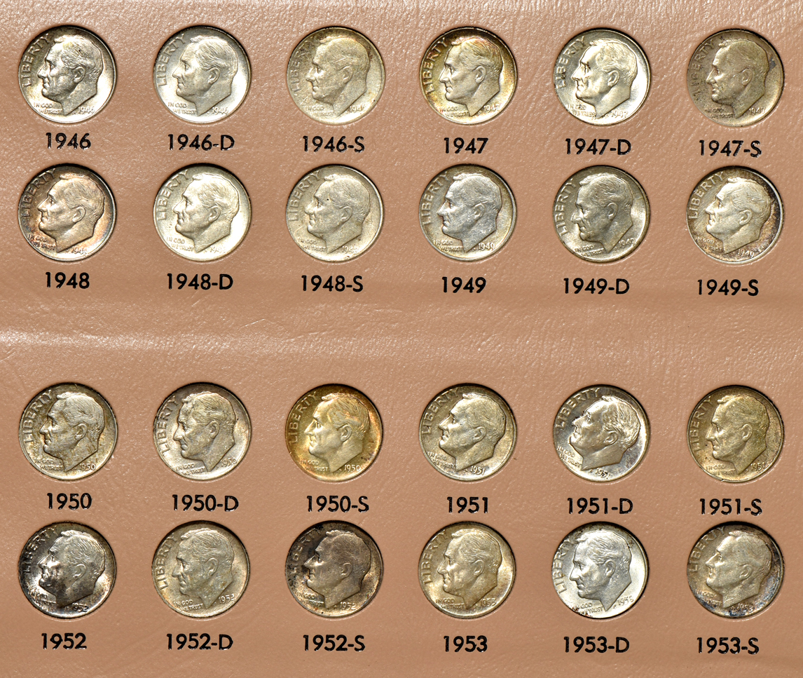 Partial collections of Mercury and Roosevelt dimes in two Dansco albums