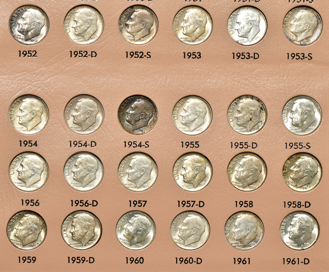 Partial collections of Mercury and Roosevelt dimes in two Dansco albums