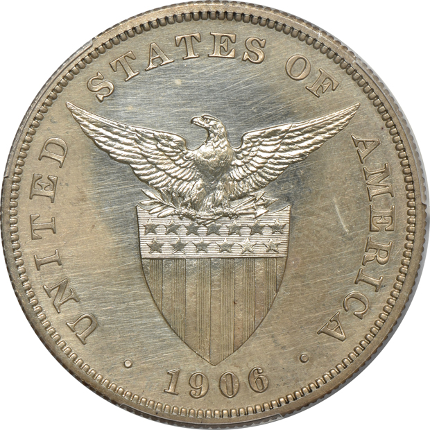 Philippines - 1905 and 1906 peso, both PCGS Proof UNC details/stained