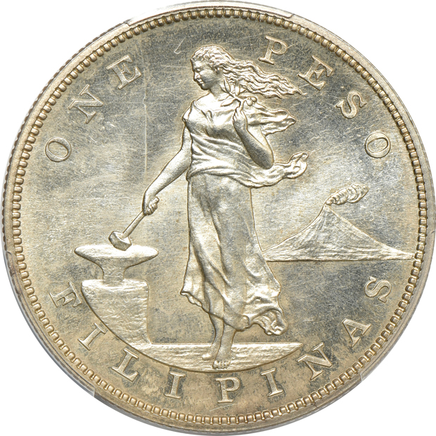 Philippines - 1905 and 1906 peso, both PCGS Proof UNC details/stained