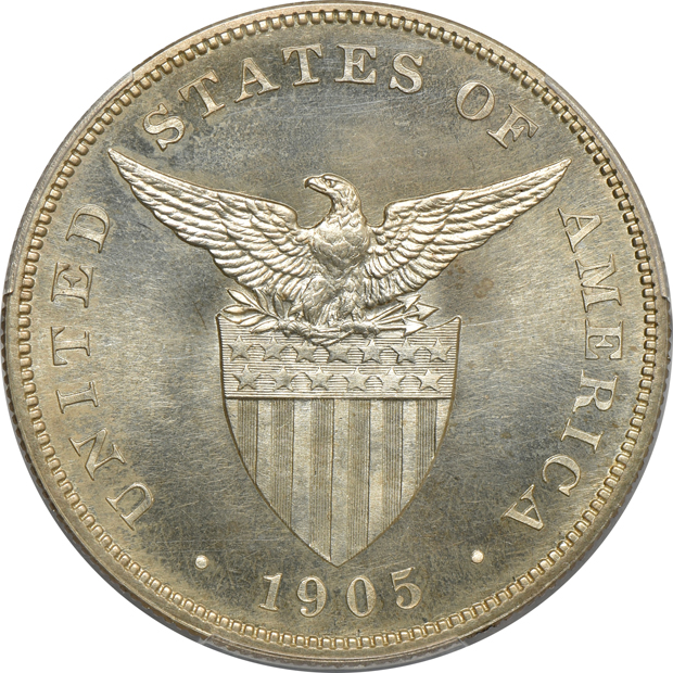 Philippines - 1905 and 1906 peso, both PCGS Proof UNC details/stained