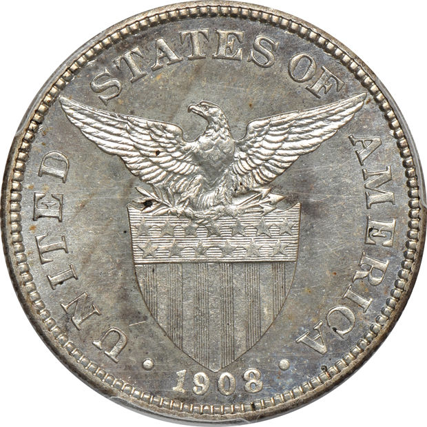 Philippines - Two 1908 50 centavos, PR-62 and PR-63, both PCGS