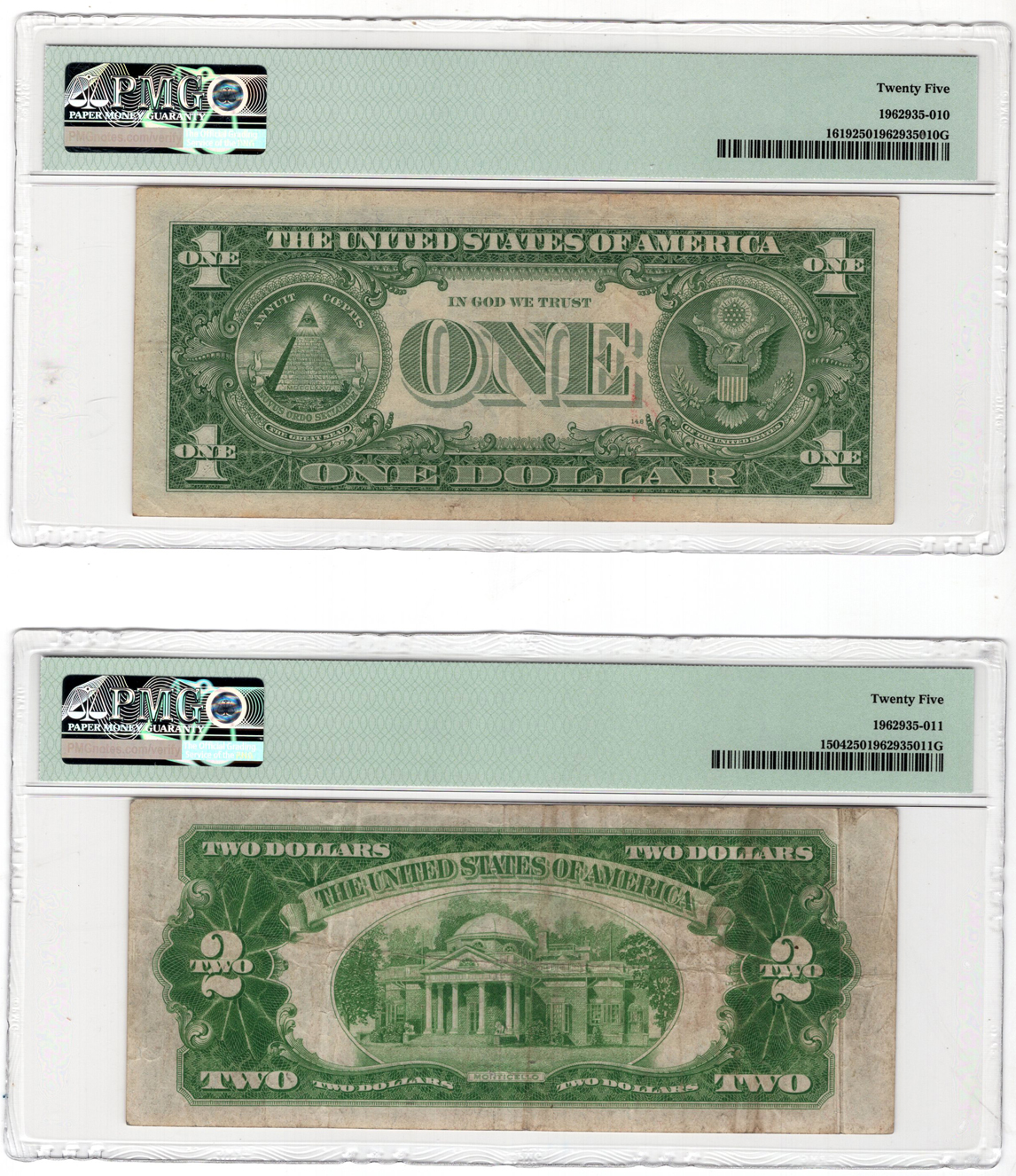 Error Currency - 1928-C $2 Legal Tender Note Fr# 1504 Gutter Fold, and a 1957 $1 Silver Certificate Fr# 1619 Mismatched S/N, both PMG VF-25