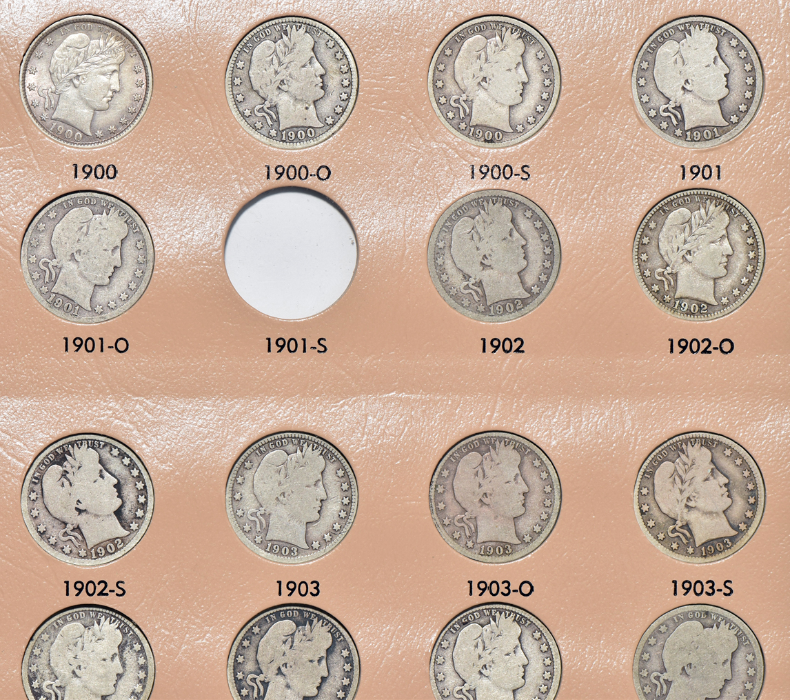 Collection of 71 different Barber quarters in a Dansco 7130 album