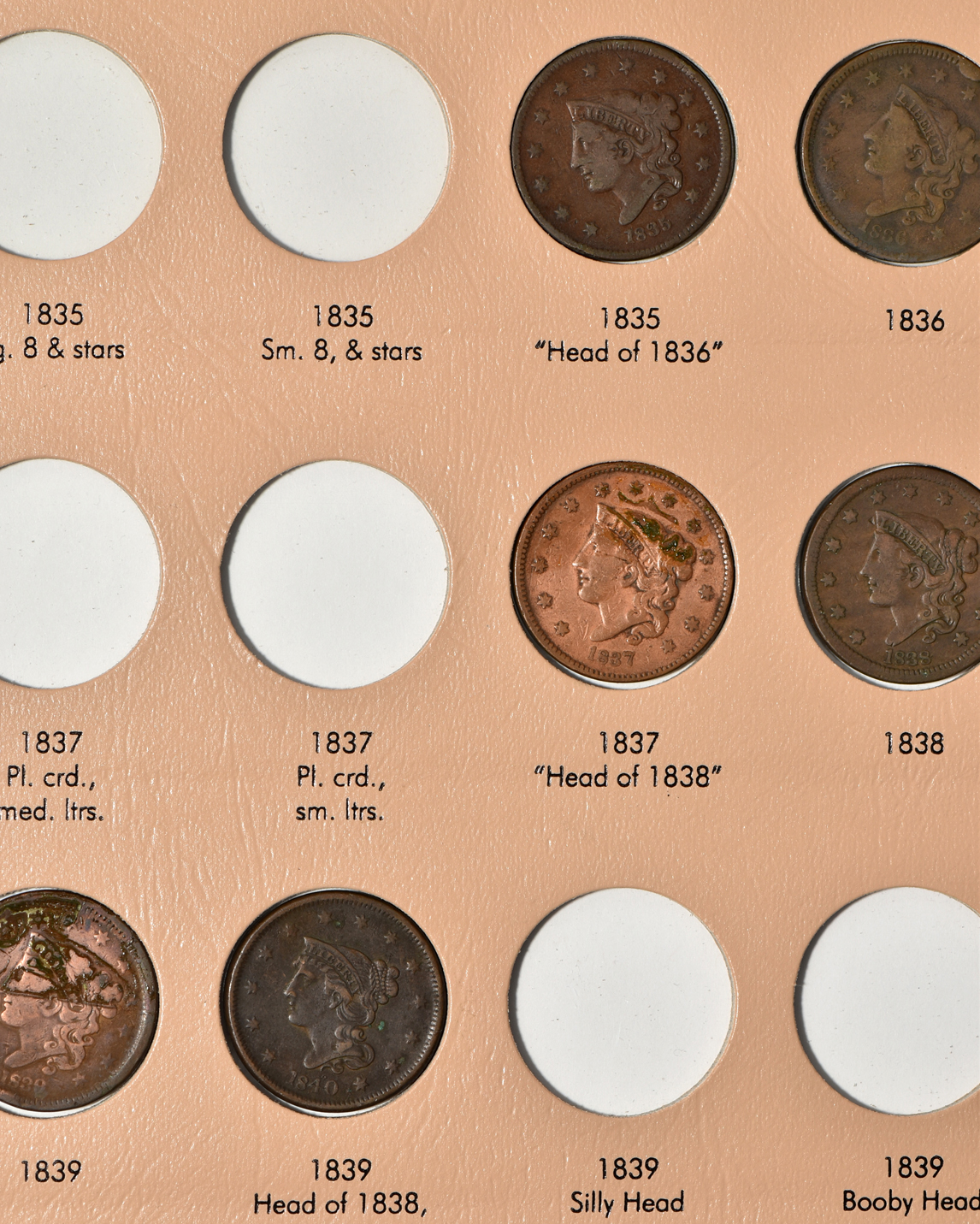 Collection of 58 different large cents in a Dansco 7099 album
