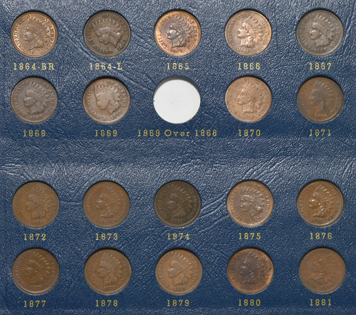 Three Flying Eagle cents (one no-date), and 56 different Indian cents (all but the 1869/1868) in a Whitman 9402 album