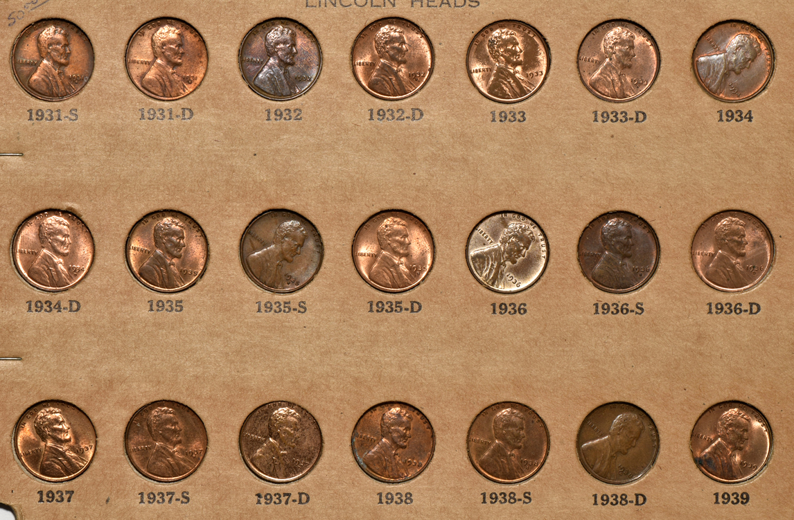 Collection of Lincoln cents 1909-VDB through 1940-D except 1909-S VDB in a Wayte Raymond album
