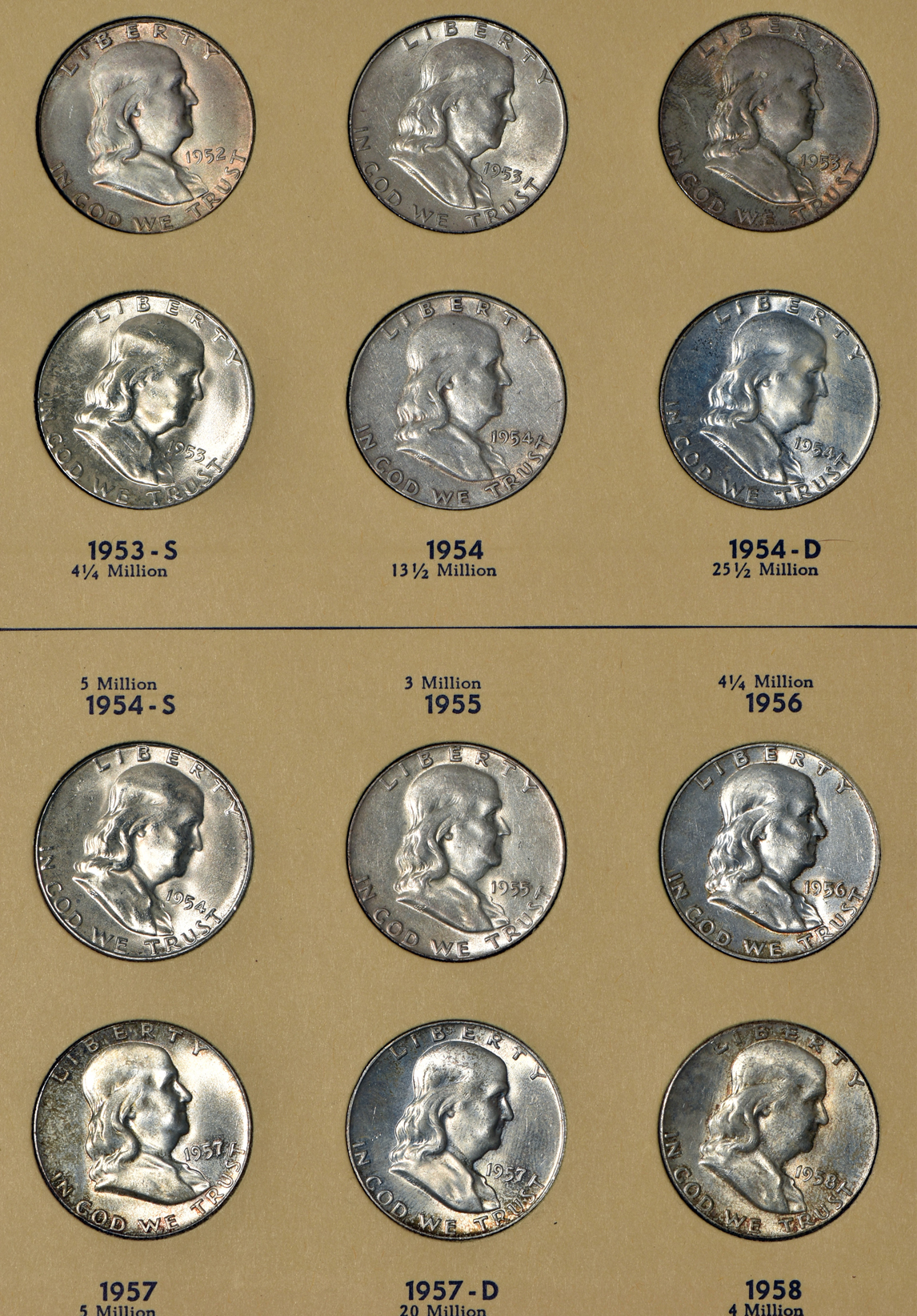 Complete collection of Washington quarters 1932 through 1974-D, and a complete collection of Franklin half-dollars, both in Library of Coins albums
