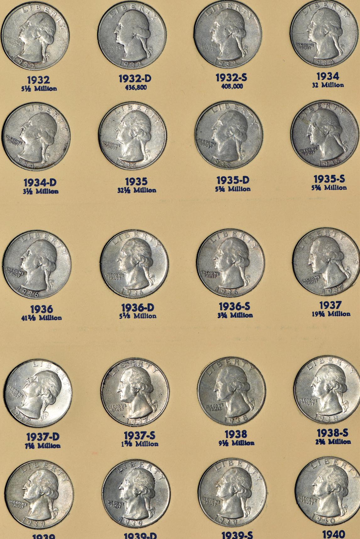 Complete collection of Washington quarters 1932 through 1974-D, and a complete collection of Franklin half-dollars, both in Library of Coins albums