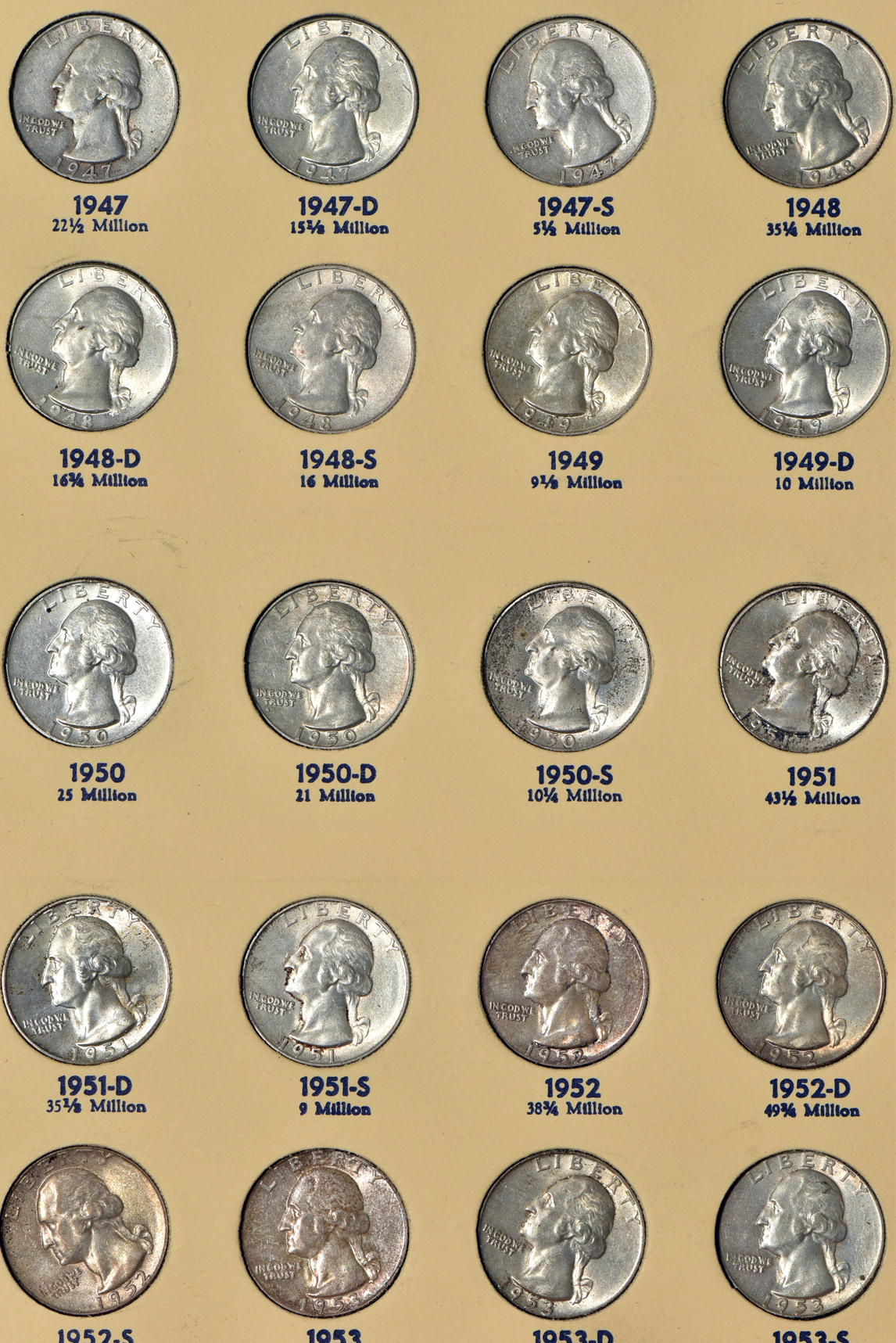 Complete collection of Washington quarters 1932 through 1974-D, and a complete collection of Franklin half-dollars, both in Library of Coins albums