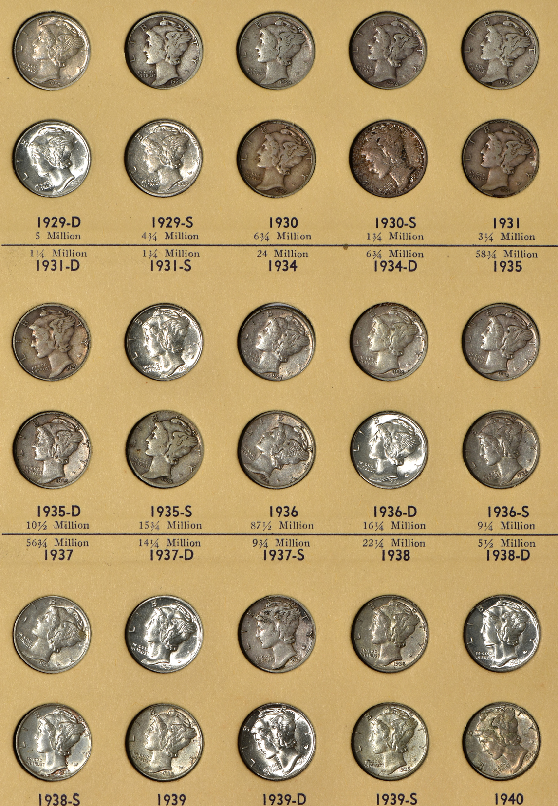 Collection of Mercury dimes, all but 1916-D and 1942/a, in a Library of Coins album