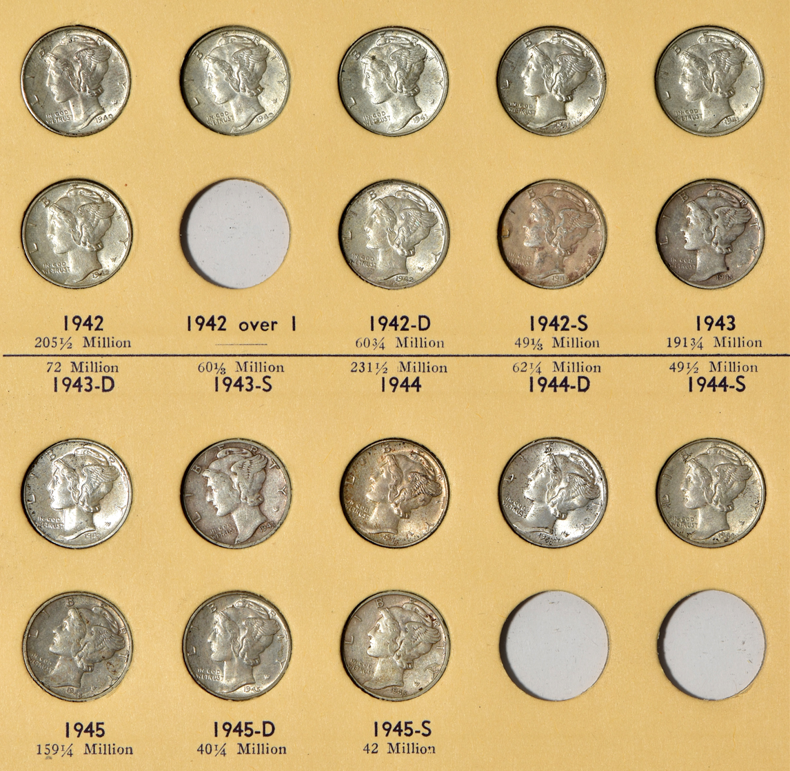 Collection of Mercury dimes, all but 1916-D and 1942/a, in a Library of Coins album